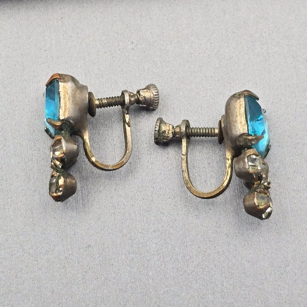 Vintage Aquamarine & Clear Paste Earrings | Screw-Back Glam Statement Jewelry - Picture 2 of 11